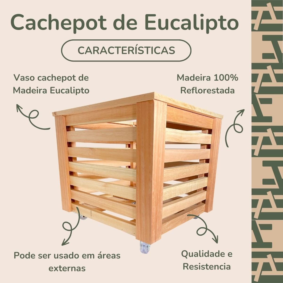 Vaso Cachepot Ripado de Madeira Eucalipto com Rodízio Decoração - 2