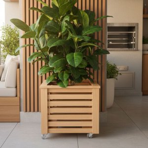 Vaso Cachepot Ripado de Madeira Eucalipto com Rodízio Decoração