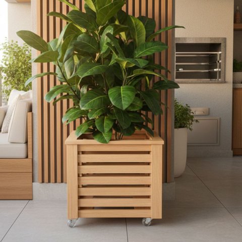 Vaso Cachepot Ripado de Madeira Eucalipto com Rodízio Decoração