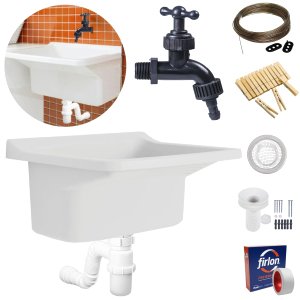Tanque Lavanderia 34l Branco + Sifão Copo Universal Sanfonado + Veda Rosca + Torneira + Varal em Aço