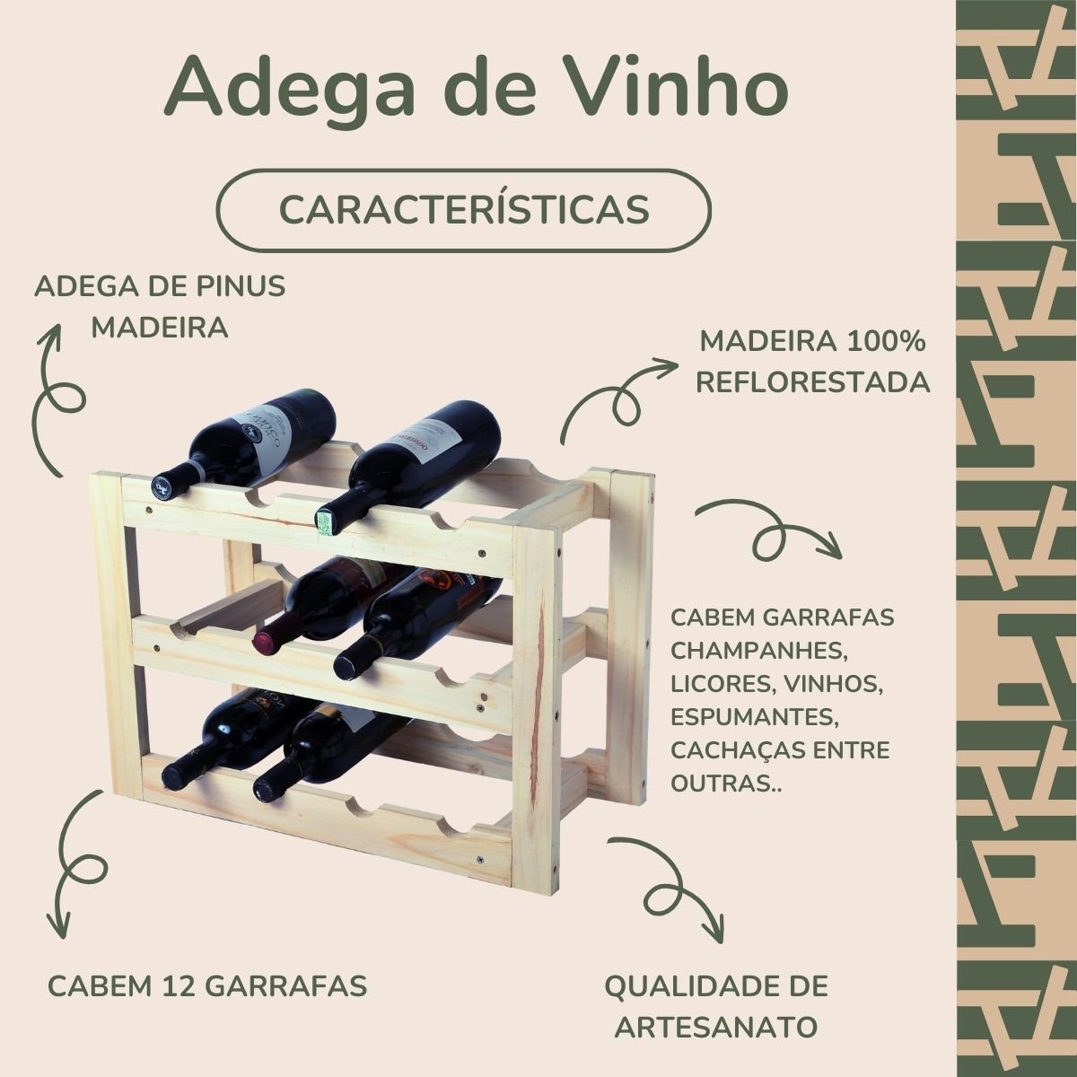 Adega Barzinho pra Garrafas de Vinho Cachaça - 12 Garrafas Madeira Natural - Decoração 52x26x36,5cm - 4