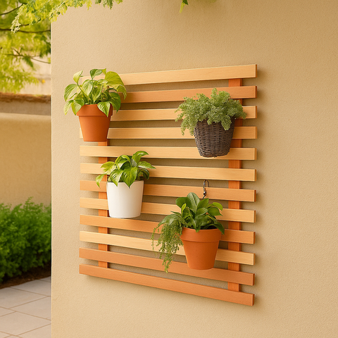 Painel Floreira Vertical Treliça Madeira Eucalipto para Parede e Vasos e Cachepots 50x50