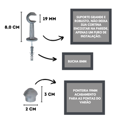 Kit Varão para Cortina 2,0 Metros 19mm Prata - 2