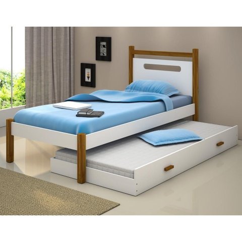 Cama Bicama Solteiro Helo com Auxiliar e Colchões MDF Branco Divaloto Móveis