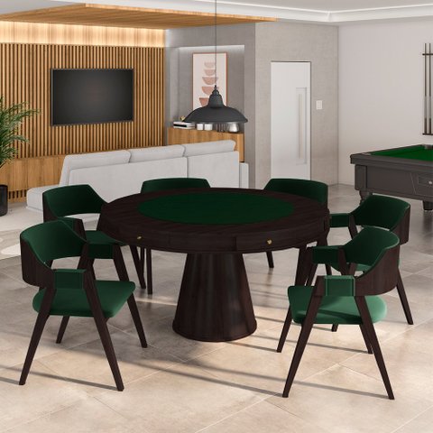 Conjunto Mesa de Jogos Carteado Bellagio Tampo Reversível e 6 Cadeiras Madeira Poker Base Cone Velud