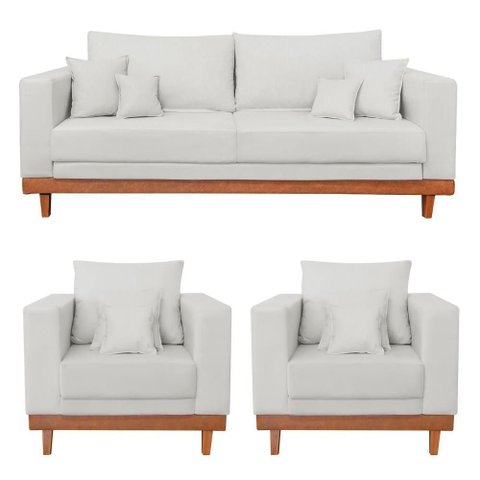 Kit 2 Poltronas Living + Sofá 3 Lugares Base Madeira Linho Bege