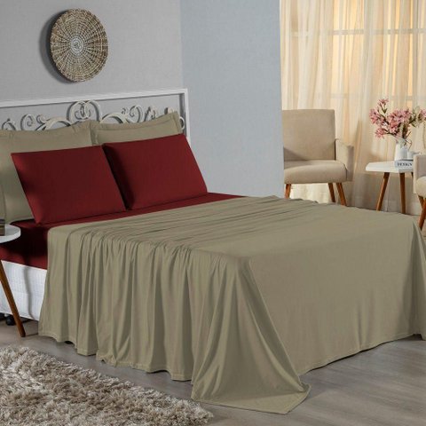 Jogo Cama Queen Nobre 4 Peças Lençol Elástico 30cm Altura 100% Algodão Avelã Vinho