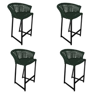 Kit 4 Banquetas Reis em Corda Náutica e Base em Alumínio Preta para Área Gourmet Verde Musgo