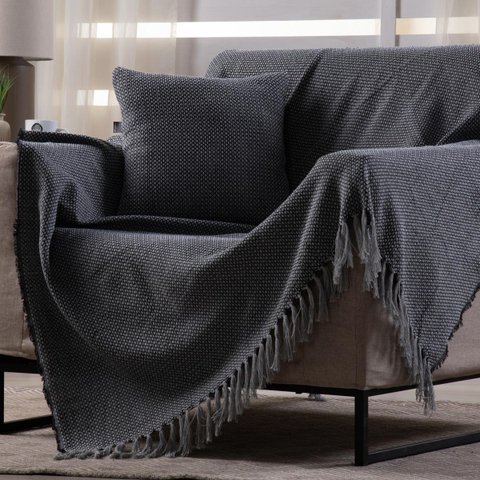 Manta Decorativa para Sofá Boho Hebrom Cinza Preta Fastlar Manta 100% Algodão 140x200cm