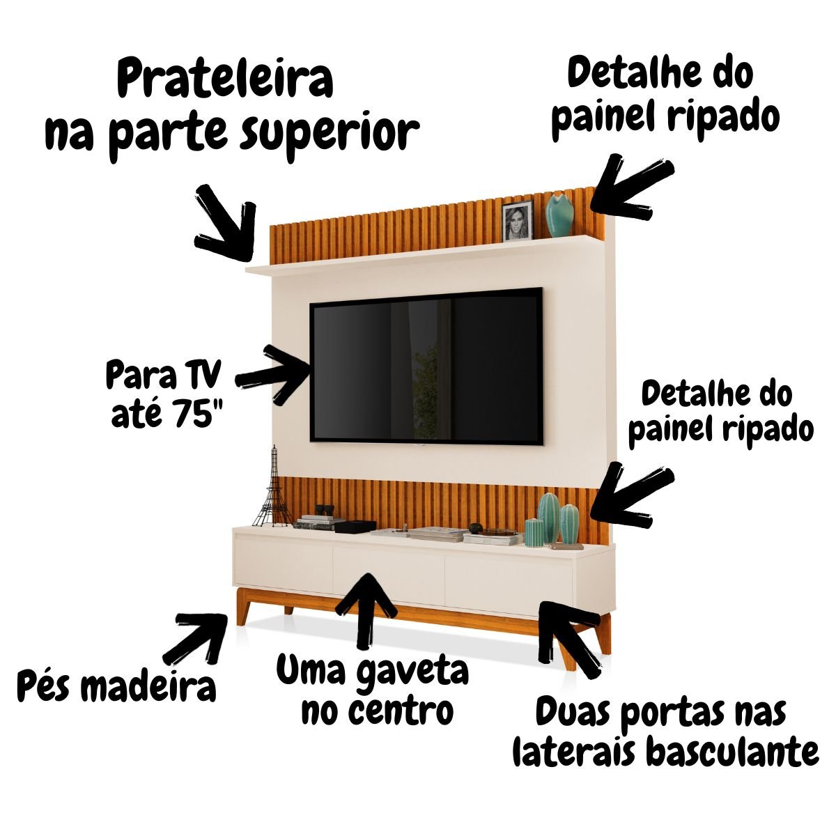 Painel Tv Sala Moderno para 75 Polegadas Ripado Antalya Mdf - 4