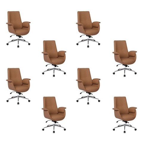 Kit com 8 Cadeiras Office Diretor com Revestimento em Couro e Base em Aço Cromado Valencia Caramelo