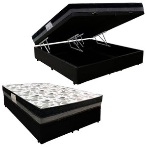 Cama Box Baú Casal Sintético Bipartido + Colchão Ortobom Iso Dupla Face 138x188x60 Preto