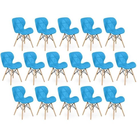 Kit 16 Cadeiras de Jantar Charles Eames Slim Wood Estofada - Azul