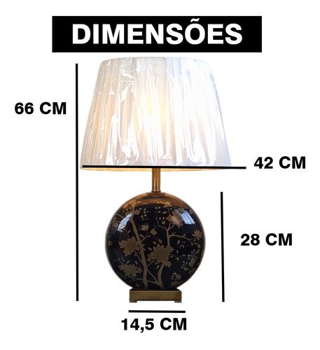 Abajur Luminária Preto Redondo Floral Porcelana Metal 66x42:Branco/Preto - 6