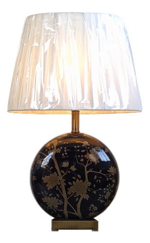 Abajur Luminária Preto Redondo Floral Porcelana Metal 66x42:Branco/Preto