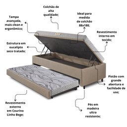 Bicama Box Baú 88x188 corino Linho  com Colchão de Espuma Ecoline D20 Ecoflex - 5