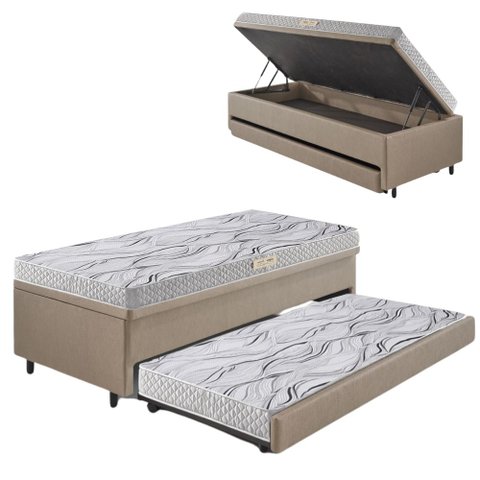Bicama Box Baú 88x188 corino Linho  com Colchão de Espuma Ecoline D20 Ecoflex
