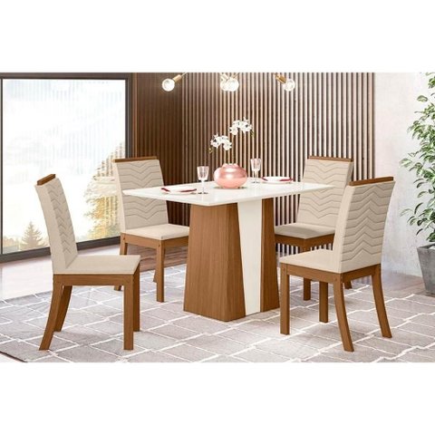 Conjunto: Mesa Sala Jantar Orus Tampo Madeirado C/ Vidro 120x80cm e 4 Cadeiras Isa Nature/linho -