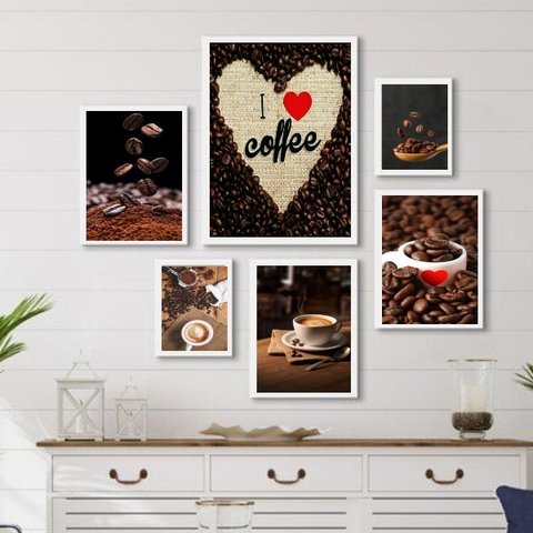 Composição 6 Quadros Rústicos Café- Love Coffee:madeira Branca