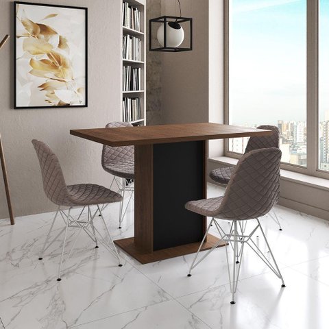 Mesa Jantar Londres Tampo Amêndoa 120cm Base Preta 4 Cadeiras Ferro Branco Estofado Nude Médio