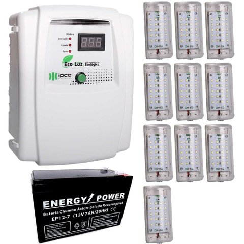 Kit Iluminação de Emergência Central Eco Luz + 10 Módulos Luz em Led + Bateria 12V 7ah