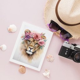 Quadro Decorativo Leoa Com Coroa De Flores 33x24cm:Madeira preta - 2