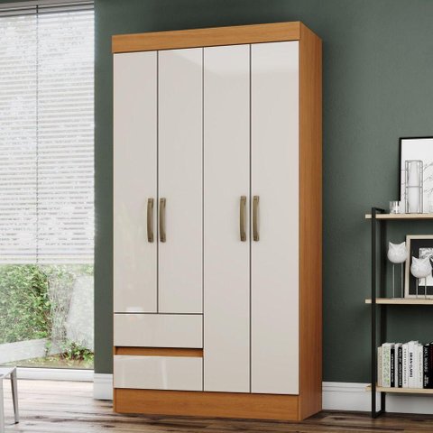 Guarda Roupa Solteiro Layla Lux 4 Portas de Bater 2 Gavetas Cinamomo-Off White Casa 812