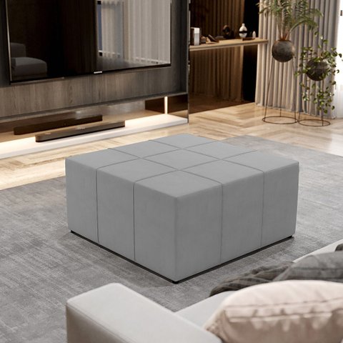 Puff Decorativo para Sala de Estar Quadrado Milano 90x90cm W01 Suede Cinza - Lyam Decor