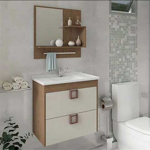 Kit Gabinete de Banheiro 60cm com Cuba Mármore e Espelheira:amendoa/off White