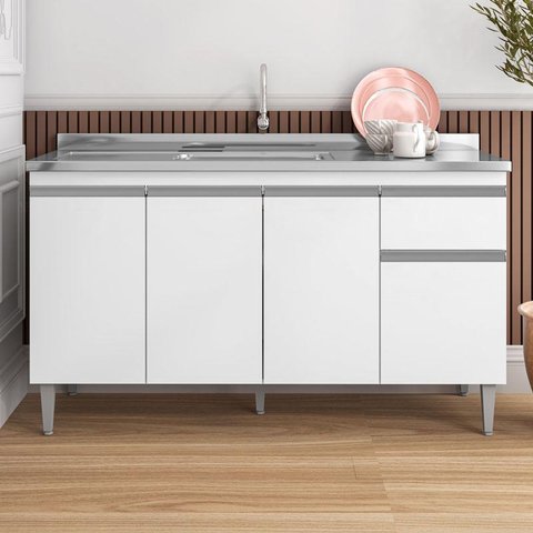 Balcão de Pia Ambiente Tatiane 145 Cm Branco Brilho - Ajl