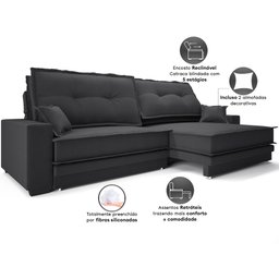 Sofá Palermo 2,80m Retrátil e Reclinável Linho Soft Grafite - Netsofas - 6