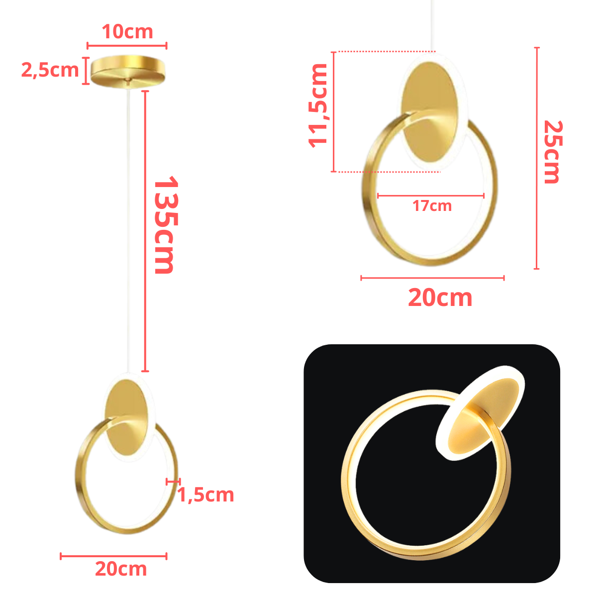 Ver imagem 6 de Luminária Pendente Teto 1,50m Led Duplo 24 Watts 3 Cores Lustre Bivolt Gimpo Kjdd-l-004:dourado