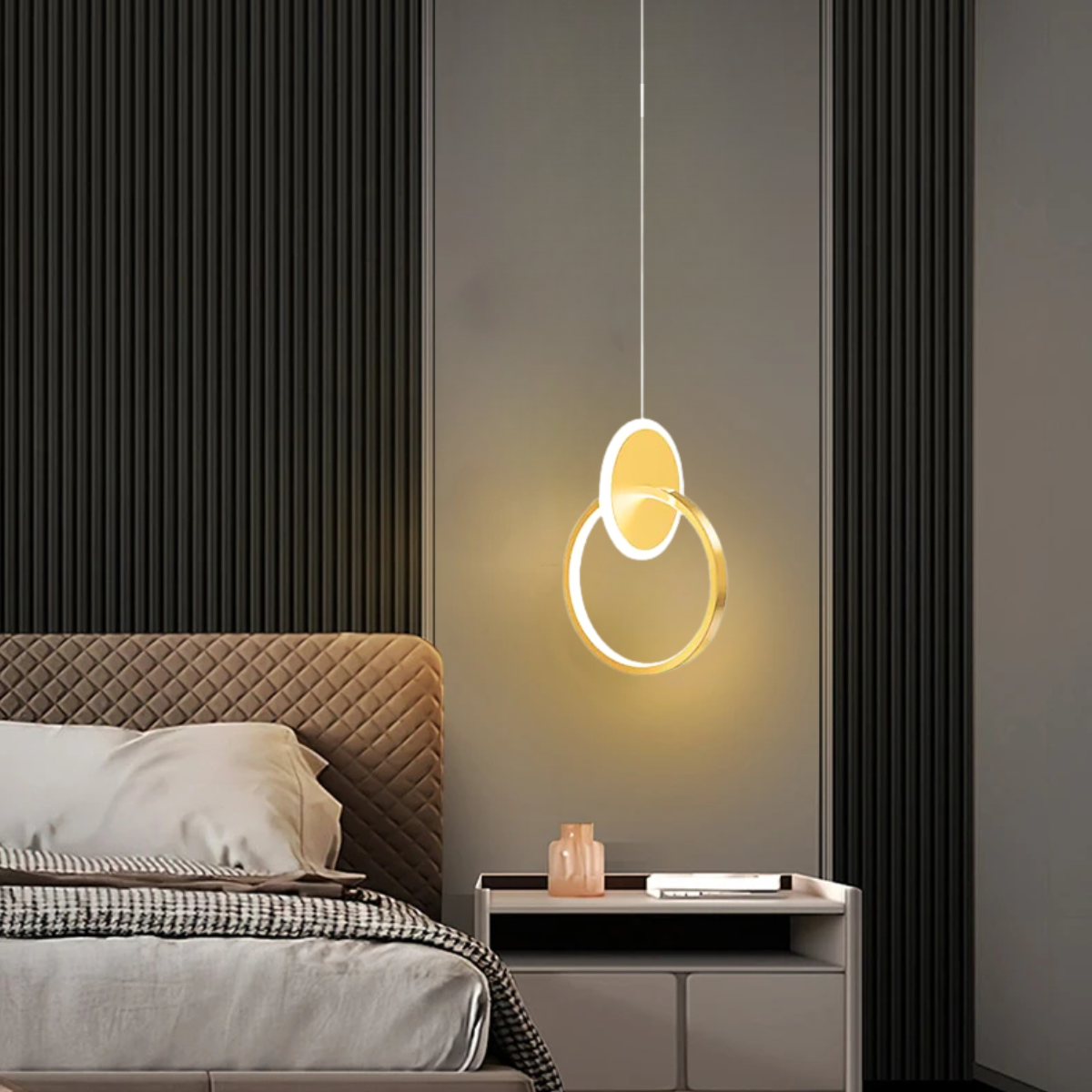 Ver imagem 5 de Luminária Pendente Teto 1,50m Led Duplo 24 Watts 3 Cores Lustre Bivolt Gimpo Kjdd-l-004:dourado