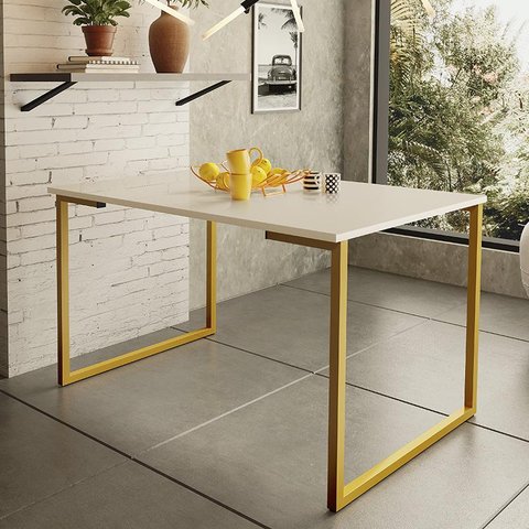 Mesa de Jantar Steel Estilo Industrial Pés de Aço 120x80cm Dourado/Off White