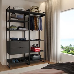Guarda Roupa Aberto Industrial Casal 2 Módulos Preto Cabideiro com Gavetas Ferro Preto - 1