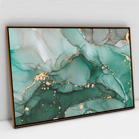 Quadro Decorativo em Canvas Abstrato Mármore Verde Safira TaColado Moldura Flutuante 4,5cm Freijó 12