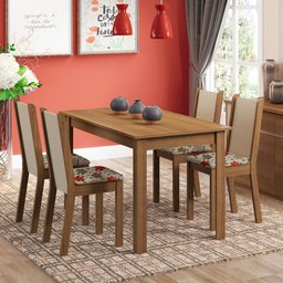 Conjunto Sala de Jantar Madesa Bea Mesa Tampo de Madeira 4 Cadeiras - Rustic/crema/floral Hibiscos - 1