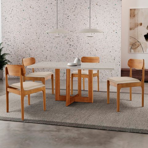 Conjunto de Mesa de Jantar Vitoria Tampo 120cm Laqueado Canto Moeda com Vidro e 4 Cadeiras Bellini
