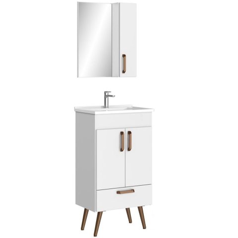 Conjunto Banheiro Gabinete com Pés 50cm Lavatório e Armário Allegra B06 Branco - Lyam Decor