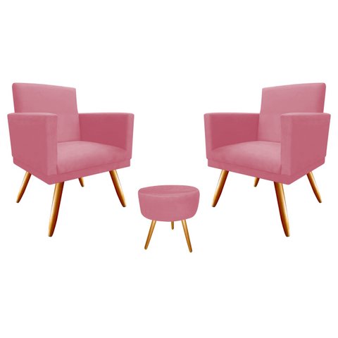 Kit 2 Poltronas Decorativa Bia + Puff Redondo Suede Rosa Pés Madeira Mz Decor