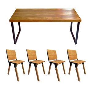 Conjunto de Mesa Industrial Bernardo Madeira Maciça 1,30Mx80cm com Ferragem Preta e 4 Cadeiras Detro