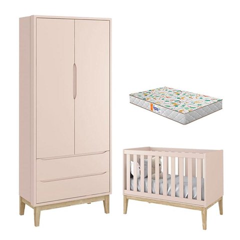 Berço Americano e Guarda Roupa 2 Portas New Classic Rosa com Pés Madeira Natural e Colchão Gazin – R