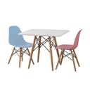 Ver imagem 2 de Conjunto Eames Eiffel Madeira Tampo 68cm Quadrado Branco 1 Cadeira Azul 1 Cadeira Rosa