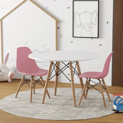 Conjunto Eames Eiffel Madeira Tampo 68cm Redondo Branco 2 Cadeiras Rosa