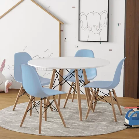 Conjunto Eames Eiffel Madeira Tampo 68cm Redondo Branco 4 Cadeiras Azul