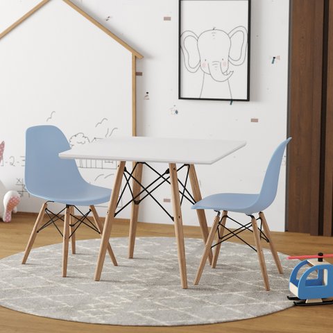 Conjunto Eames Eiffel Madeira Tampo 68cm Quadrado Branco 2 Cadeiras Azul