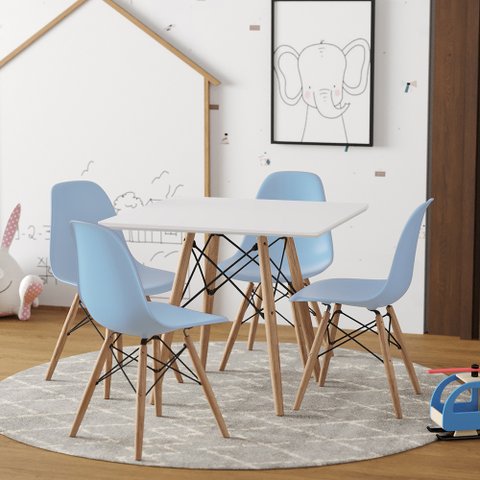 Conjunto Eames Eiffel Madeira Tampo 68cm Quadrado Branco 4 Cadeiras Azul