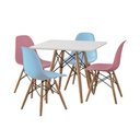 Ver imagem 2 de Conjunto Eames Eiffel Madeira Tampo 68cm Quadrado Branco 2 Cadeira Azul e 2 Rosa