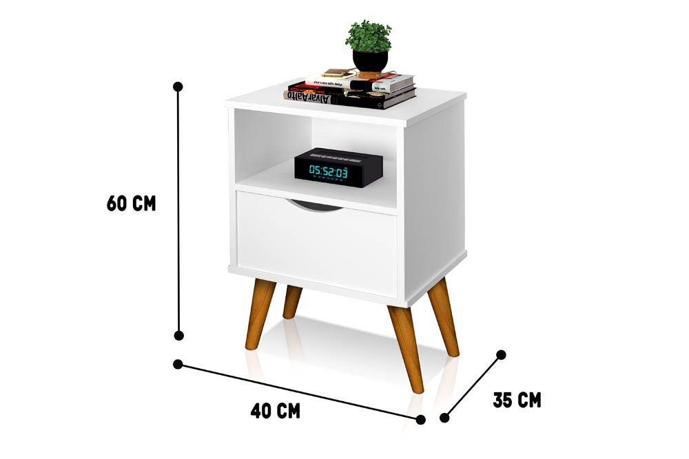 Mesa de Cabeceira Grécia 1 Gaveta com Nicho Estilo Retro Branco - 4