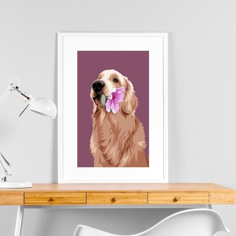 Quadro Golden Retriever Flor - 60x48cm:moldura Branca